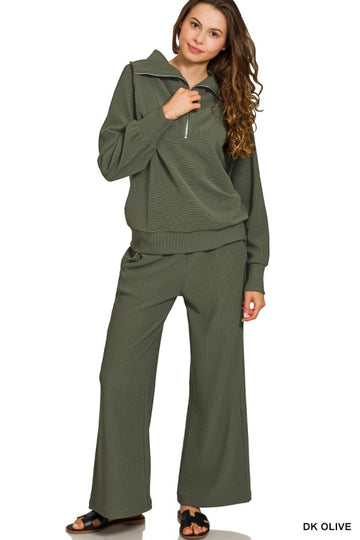 Zenana Ribbed Half Zip Lounge Set – Wide Leg Pants