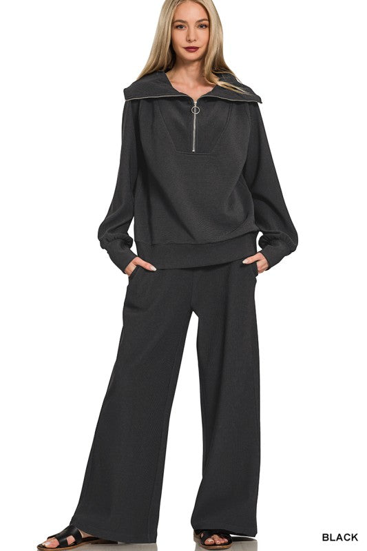 Zenana Ribbed Half Zip Lounge Set – Wide Leg Pants