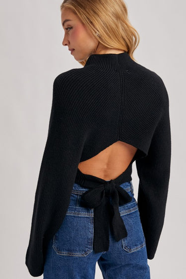 Mock Neck Open Back Tie Sweater
