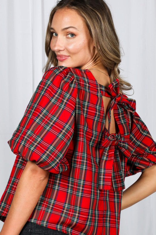 Back Bow Accent Feminine Plaid Top