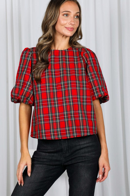 Back Bow Accent Feminine Plaid Top