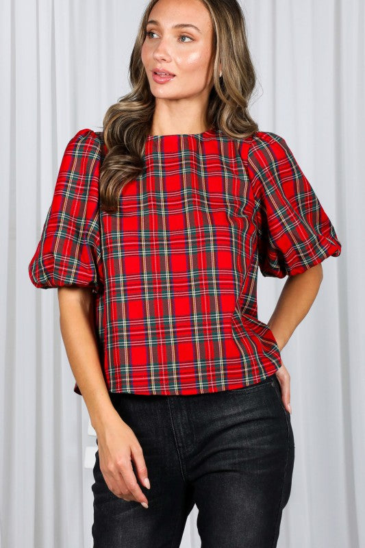 Back Bow Accent Feminine Plaid Top