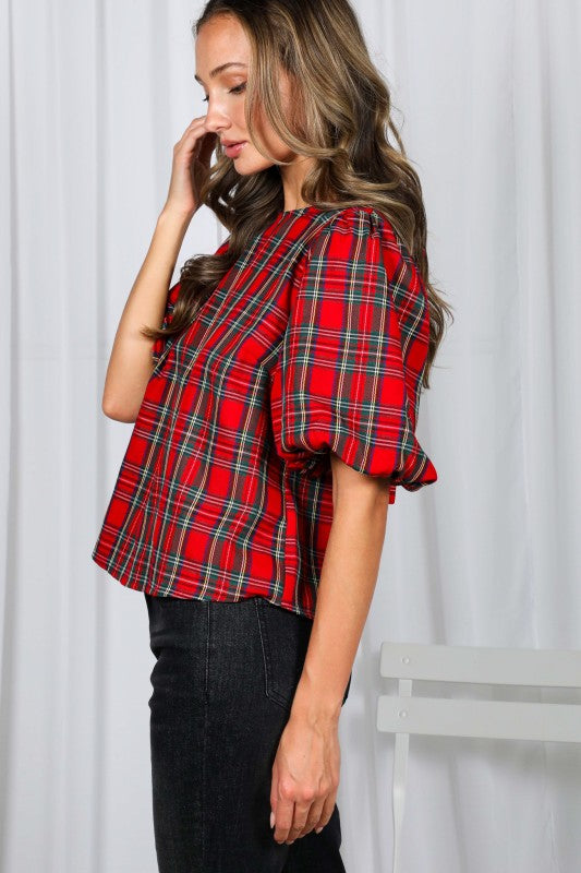 Back Bow Accent Feminine Plaid Top