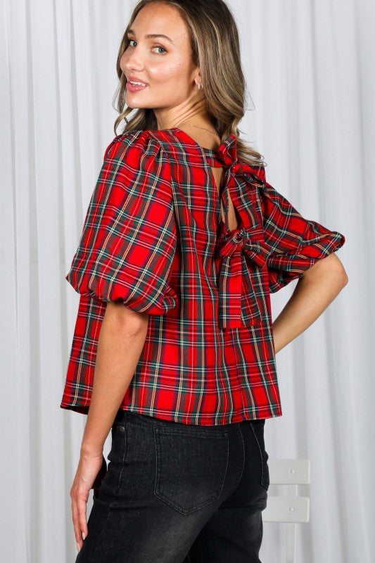 Back Bow Accent Feminine Plaid Top