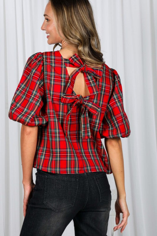 Back Bow Accent Feminine Plaid Top