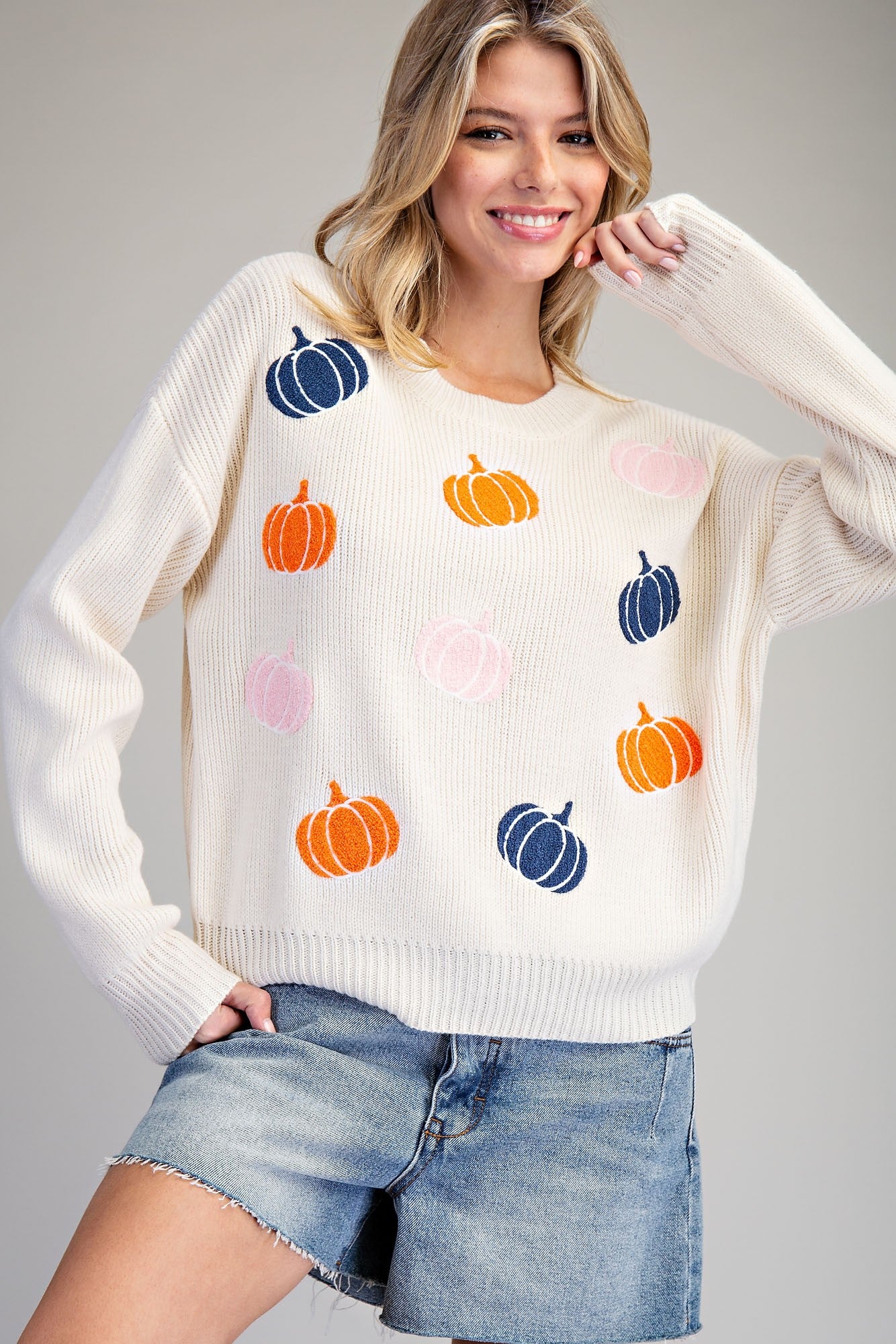 Fall Pumpkin Embroidered Sweater – Ivory Knit