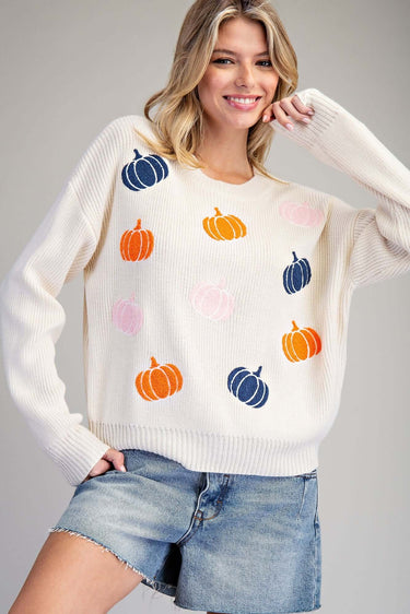 Fall Pumpkin Embroidered Sweater – Ivory Knit - Cowgirl Charm