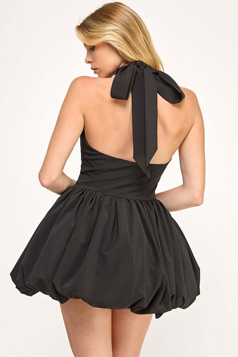 Black satin bubble mini dress from The Vintage Shop, featuring a fitted bodice and short puffed sleeves, perfect for stylish occasions.