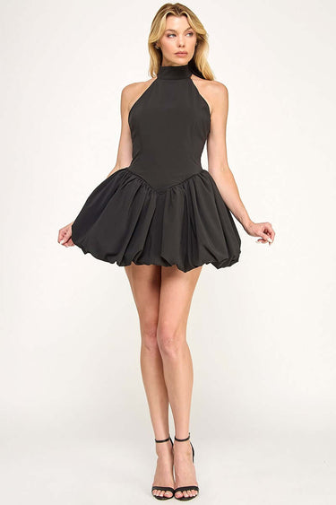 Black Satin Bubble Mini Dress