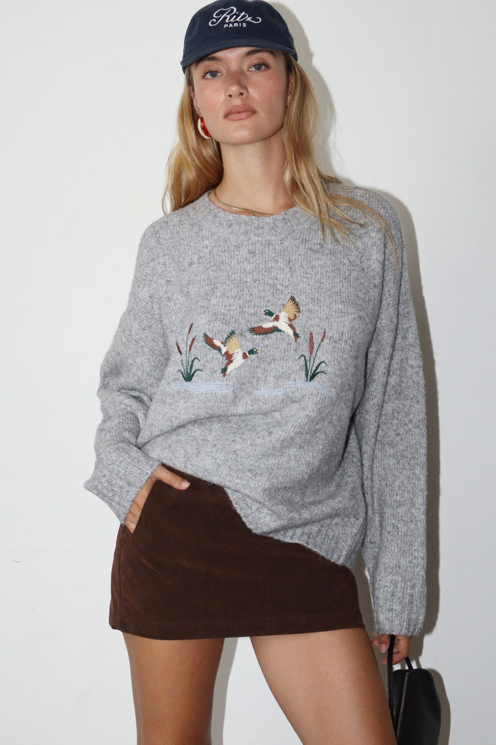 Bailey Rose Grey Embroidered Duck Knit Sweater