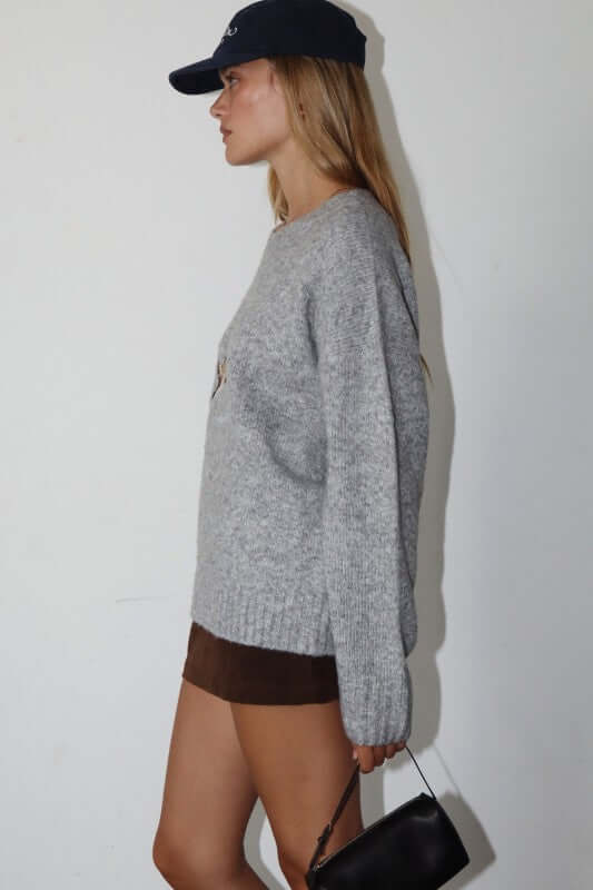 Bailey Rose grey embroidered duck knit sweater, stylish top with floral embroidery, cozy and casual for everyday wear.