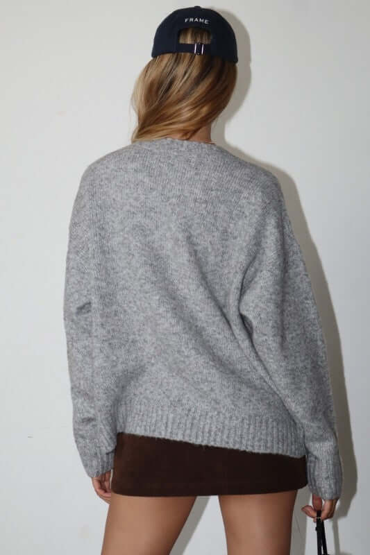 Bailey Rose grey embroidered duck knit sweater, cozy tops with detailed embroidery, perfect for casual wear.