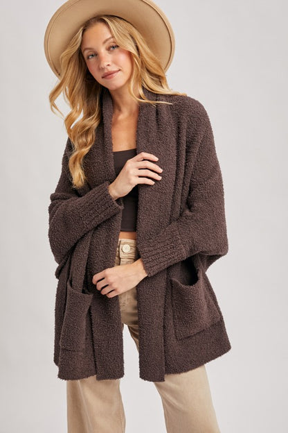 Blueivy Espresso Boucle Blanket Wrap Cardigan, oversized western-style sweater in short sleeve design, cozy and stylish for fall.