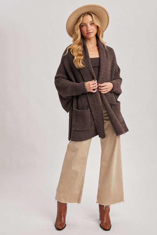 Blueivy Espresso Boucle Blanket Wrap Cardigan, oversized western sweater with short sleeves, cozy textured knit, casual style.