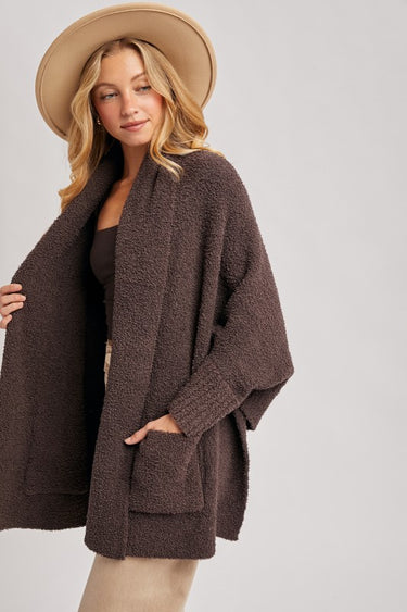 Blueivy Espresso Boucle Blanket Wrap Cardigan, oversized western short sleeve sweater with textured boucle fabric.