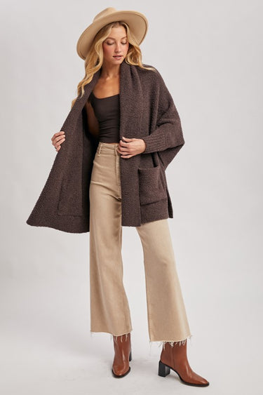 Blueivy Espresso Boucle Blanket Wrap Cardigan, oversized western-style short sleeve sweater with textured boucle fabric.