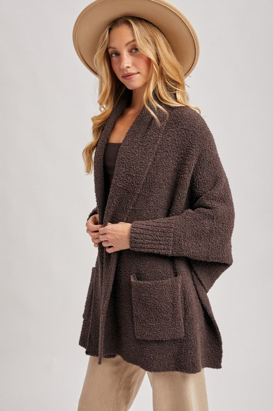 Blueivy Espresso Boucle Blanket Wrap Cardigan, oversized western-style short sleeve sweater with textured boucle fabric.