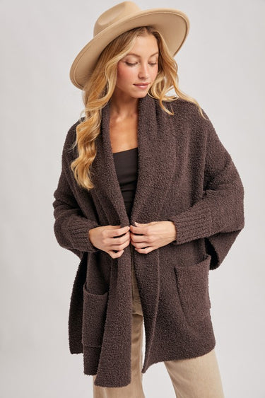 Blueivy espresso boucle blanket wrap cardigan, oversized western sweater with short sleeves and cozy textured fabric.