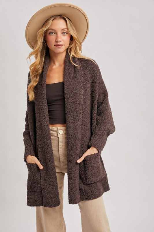 Blueivy Espresso Boucle Blanket Wrap Cardigan, oversized short sleeve western sweater with textured boucle fabric, casual and cozy style.