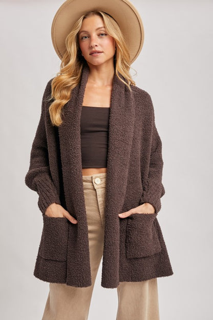 Blueivy Espresso Boucle Blanket Wrap Cardigan, oversized short sleeve western sweater with textured boucle fabric.