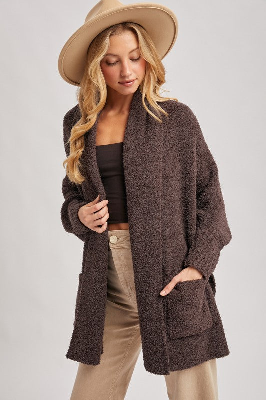 Blueivy Espresso Boucle Blanket Wrap Cardigan, oversized short-sleeve western sweater with textured boucle fabric.
