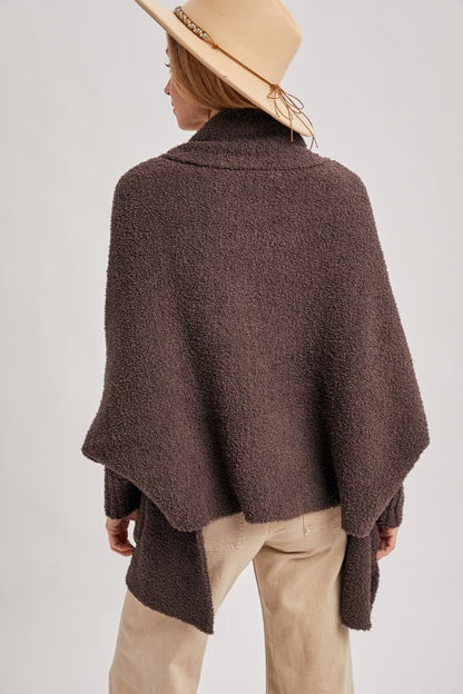 Blueivy Espresso Boucle Blanket Wrap Cardigan, oversized short sleeve western sweater with textured boucle fabric.