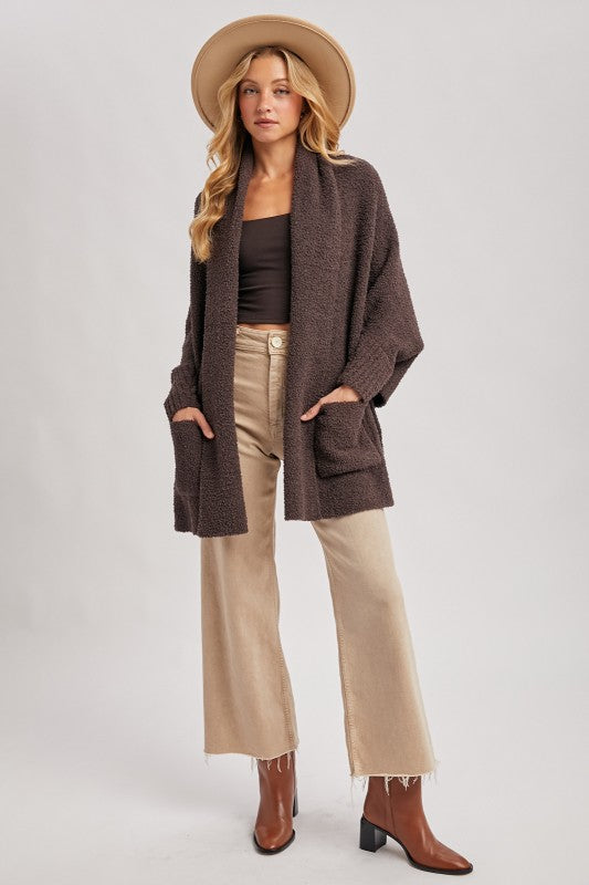 Blueivy espresso boucle blanket wrap cardigan, oversized western-style short sleeve sweater with textured boucle fabric.