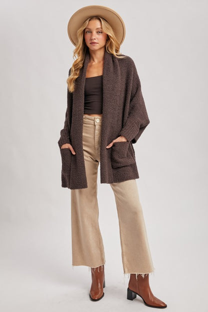 Blueivy espresso boucle blanket wrap cardigan, oversized western-style short sleeve sweater with textured boucle fabric.
