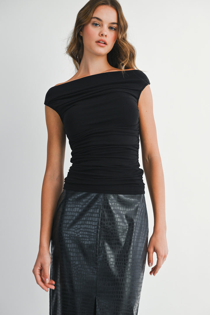 Mable Knit Ruched Off-Shoulder Top in soft fabric, featuring a fitted style and ruched details, perfect for casual or dressy wear.