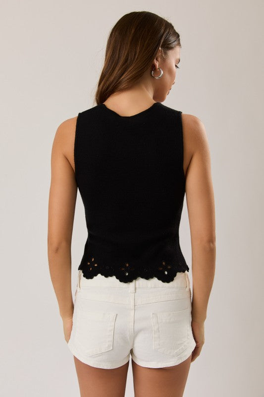 Square Neck Eyelet Detail Scallop Hem Sweater Top