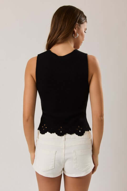 LE LIS square neck sweater top with eyelet details and scallop hem, featuring a stylish and feminine design.