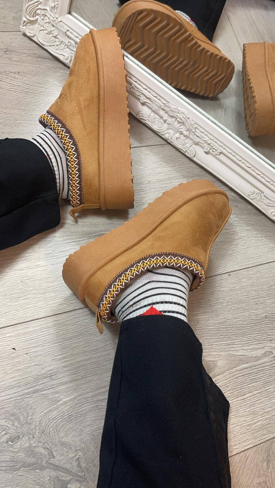 CHESTNUT FLUFFY PLATFORM SLIPPERS FAUX FUR LINED ANKLE BOOTS