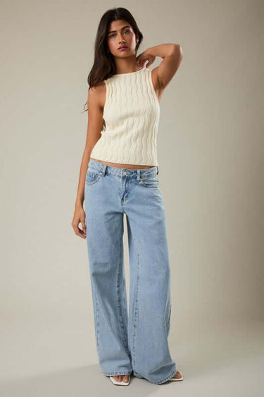 LE LIS boat neck sleeveless structured sweater top, light knit fabric with fitted silhouette and clean design.