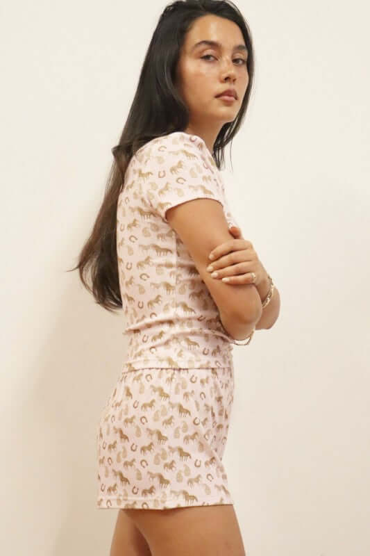 Bailey Rose Lucky Horse Print Shorts featuring colorful horse graphics on casual cotton fabric.