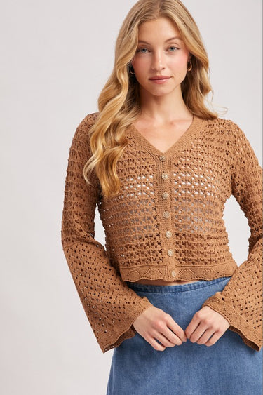 Blueivy mocha crochet bell sleeve cardigan with open knit design and button closure, short sleeve boho sweater.