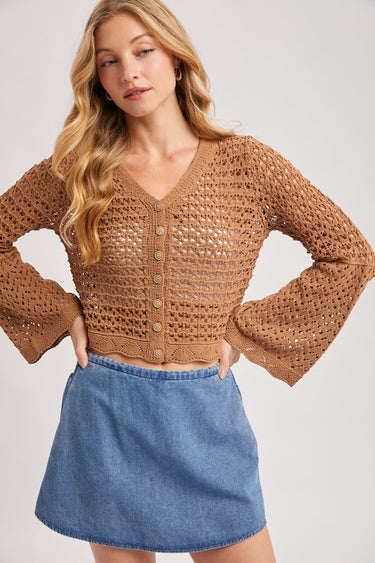 Blueivy mocha crochet bell sleeve cardigan with boho open knit design and button details, short sleeve sweater for a stylish layered look.