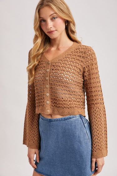Blueivy mocha crochet bell sleeve cardigan with open knit design and button closure, short sleeve boho sweater for women.