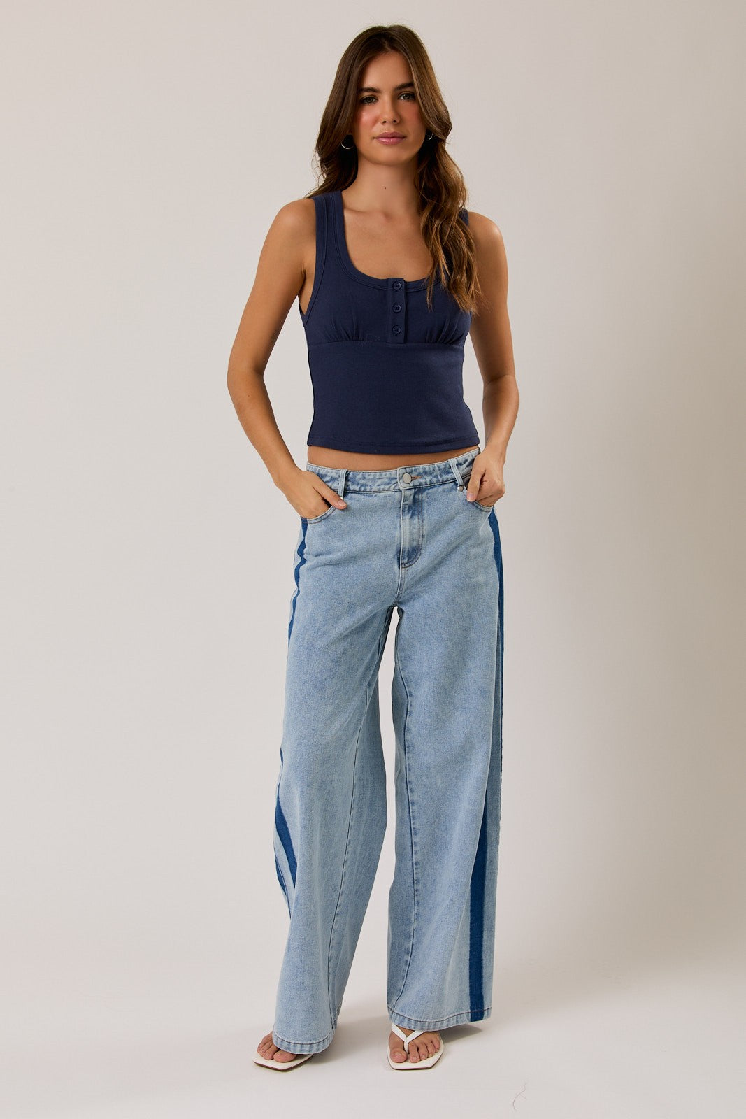 U-neck Sleeveless Button Detail Rib Top