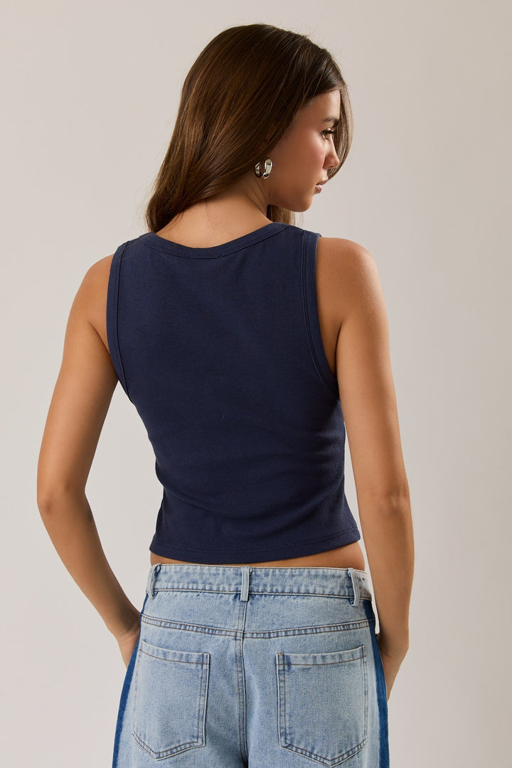 U-neck Sleeveless Button Detail Rib Top