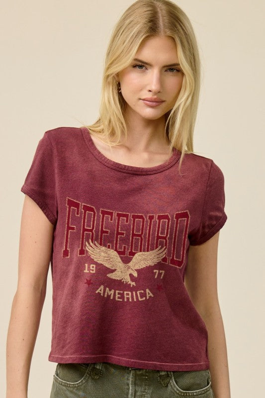 Zutter Free Bird America 1977 graphic T-shirt featuring vintage-style eagle and American flag design on soft cotton fabric.