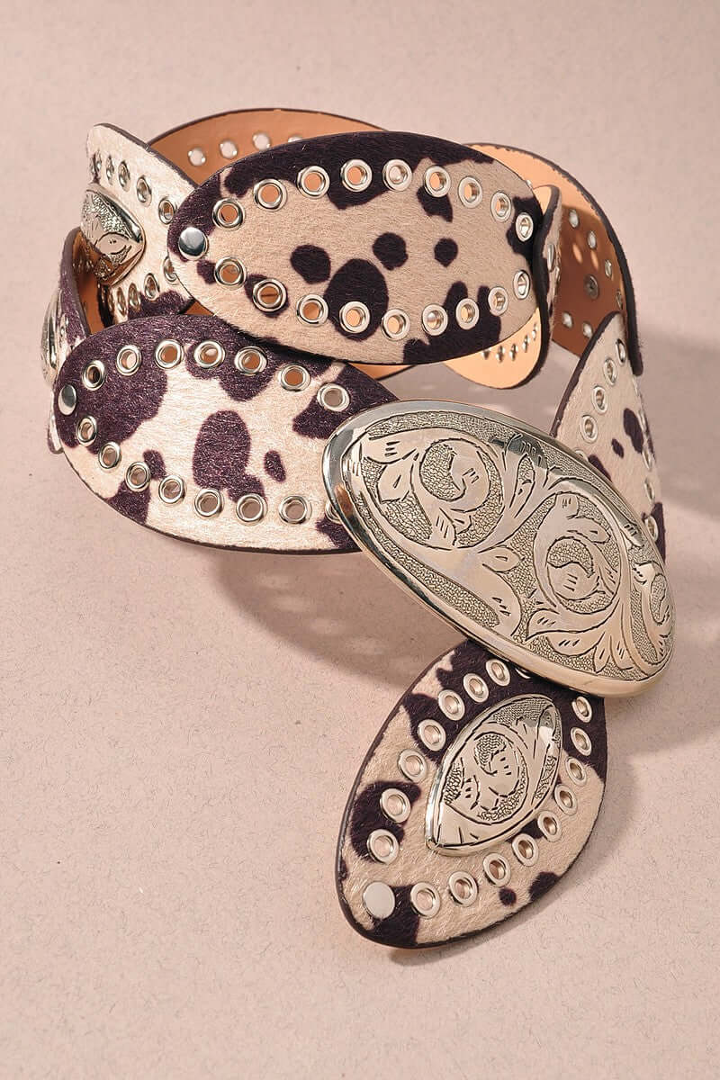 Western Leopard Concho Statement Belt by Merveille featuring leopard print leather and decorative concho accents.