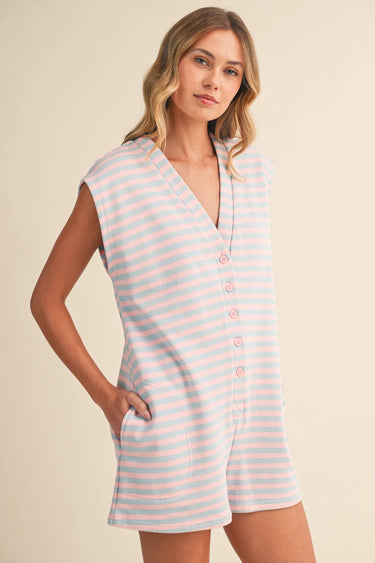 Short Sleeve Striped Button Down Romper