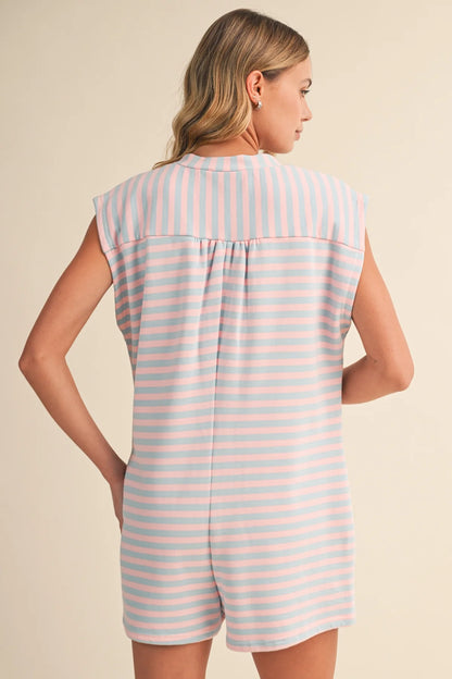 Klesis short sleeve striped button-down romper with vertical blue and white stripes, casual and stylish jumpsuit for warm weather.