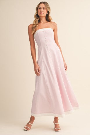 Linen Strapless Contrast Edge Flared Midi Dress