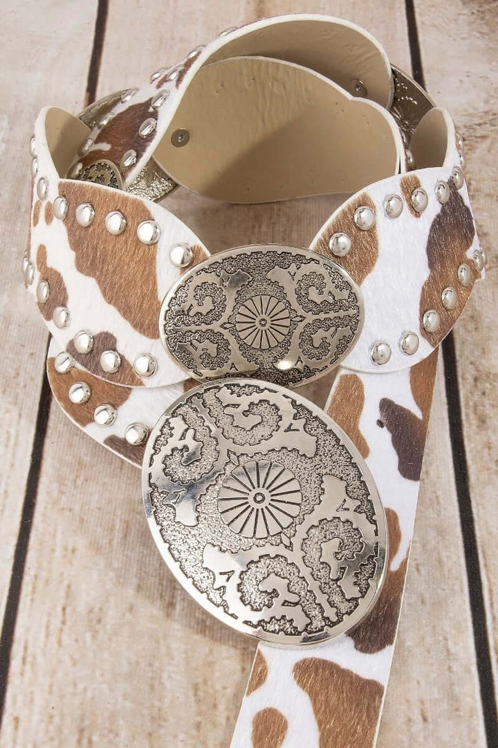 Western oval concho studded trim vegan leather belt with metallic accents, stylish and durable for casual or western-inspired outfits.