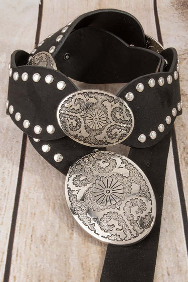 Western Oval Concho Studded Trim Vegan Leather Belt