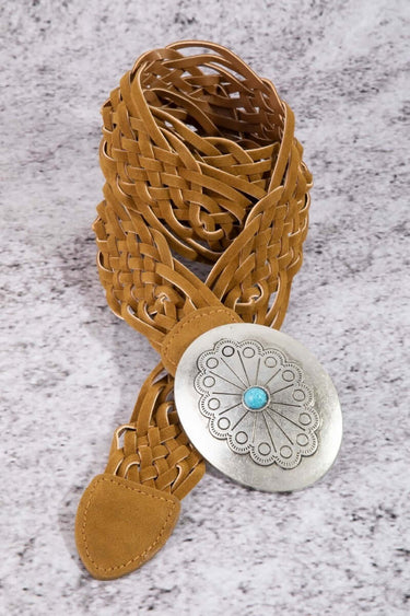 Western Braided Concho Buckle Vegan Leather Belt