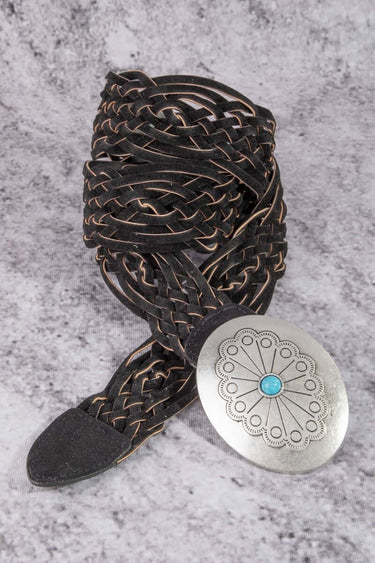 Western Braided Concho Buckle Vegan Leather Belt