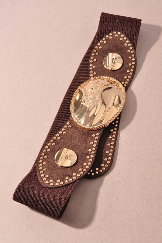 Merveille studded oval buckle stretch belt in black with silver-tone studs, casual accessory for modern fashion.