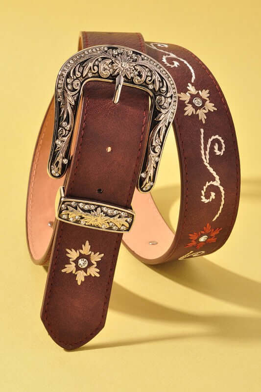 Merveille floral embroidered Western buckle belt with colorful embroidery and leather strap, stylish accessory for casual outfits.